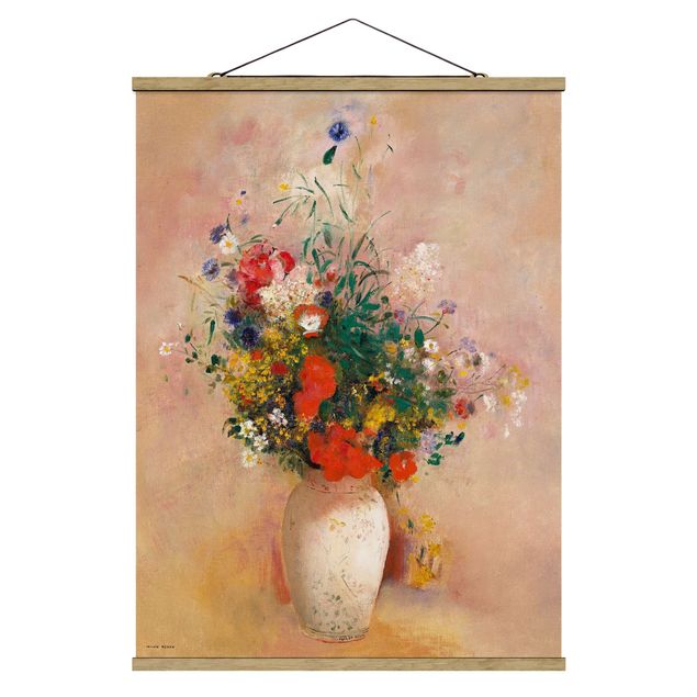 Stoffbild mit Posterleisten - Odilon Redon - Vase mit Blumen (rosenfarbener Hintergrund) - Hochformat 3:4