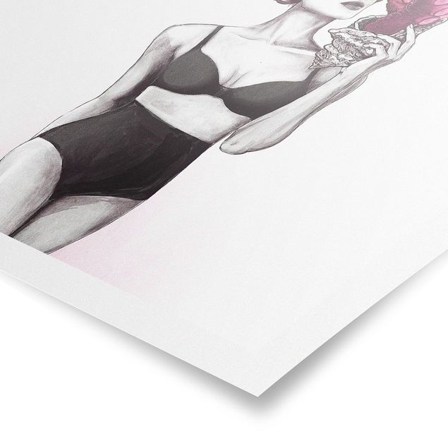 Poster Illustration Frau in Unterwäsche Schwarz Weiß Oktopus