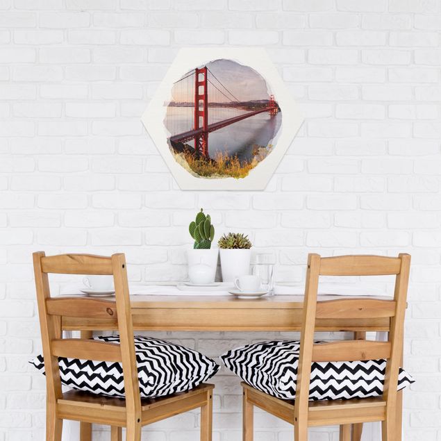 Hexagon Wandbilder Wasserfarben - Golden Gate Bridge in San Francisco