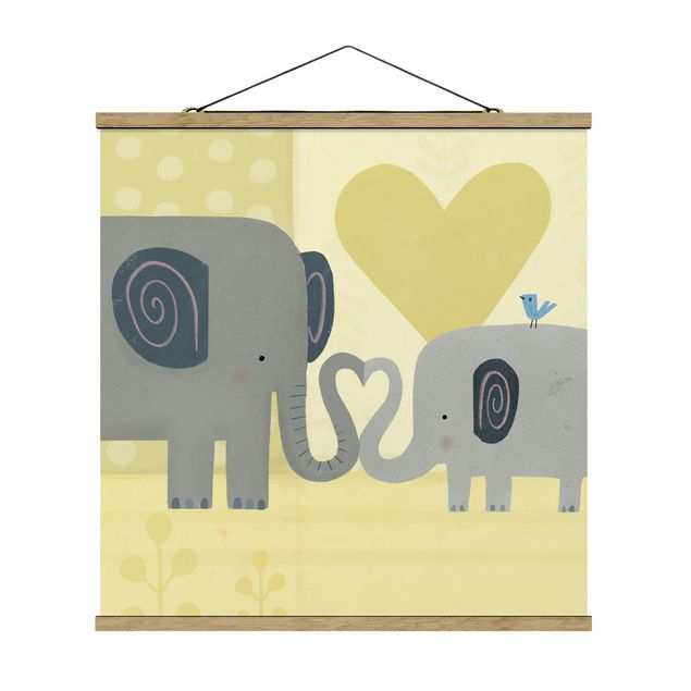 Stoffbild mit Posterleisten - Mama und ich - Elefanten - Quadrat 1:1