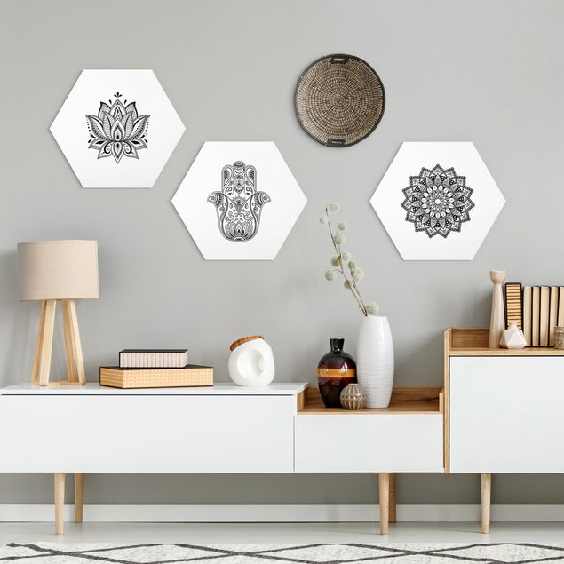 Bilder für die Wand Mandala Hamsa Hand Lotus Set auf Weiß