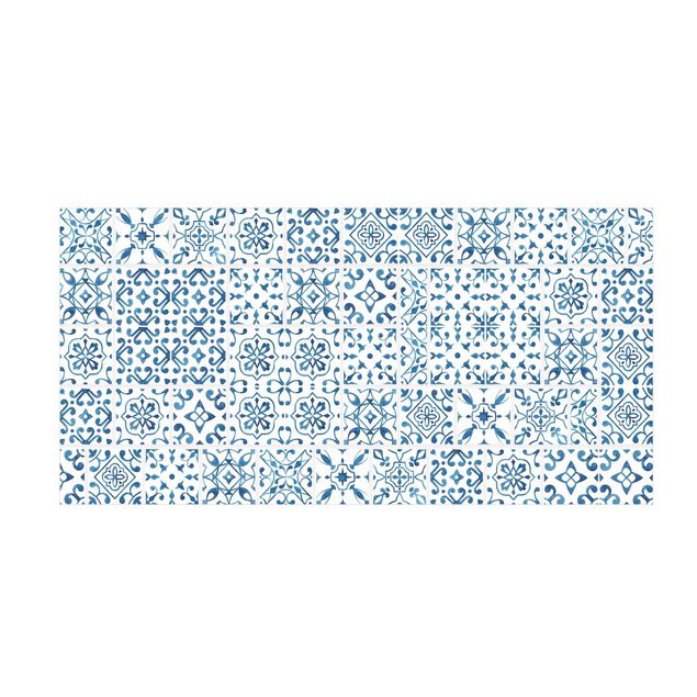 Teppich modern Fliesenmuster Blau Weiß