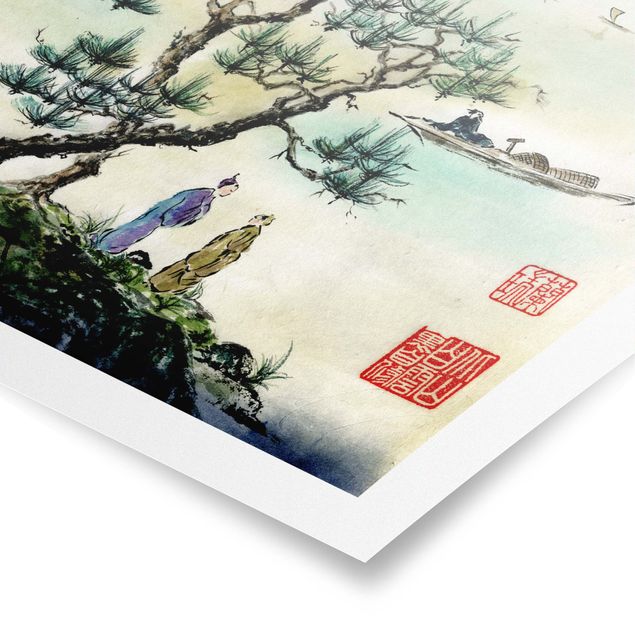 Poster kaufen Japanische Aquarell Zeichnung Kiefer und Bergdorf