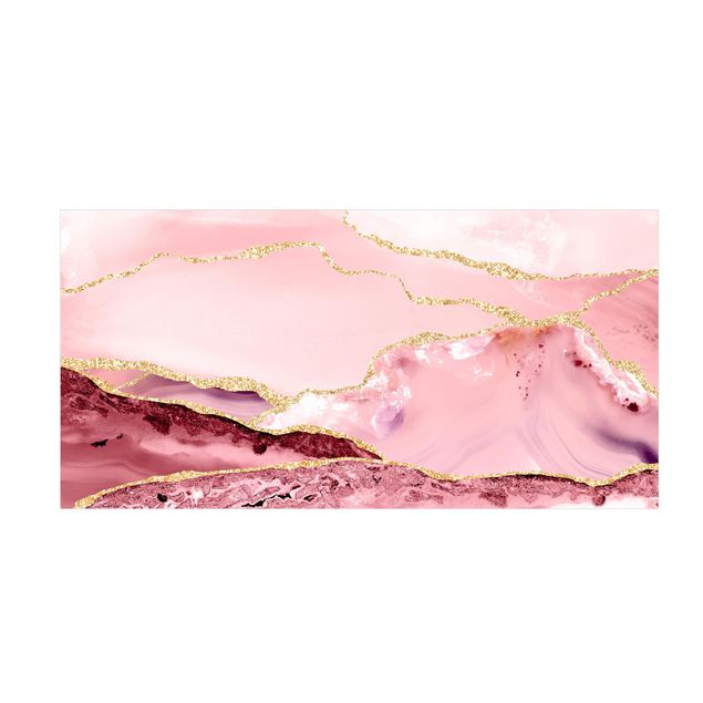 Teppich abstrakt Abstrakte Berge Rosa mit Goldenen Linien