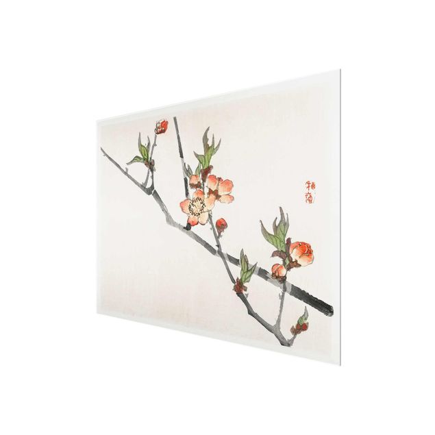 Glasbild - Asiatische Vintage Zeichnung Kirschblütenzweig - Querformat 3:4