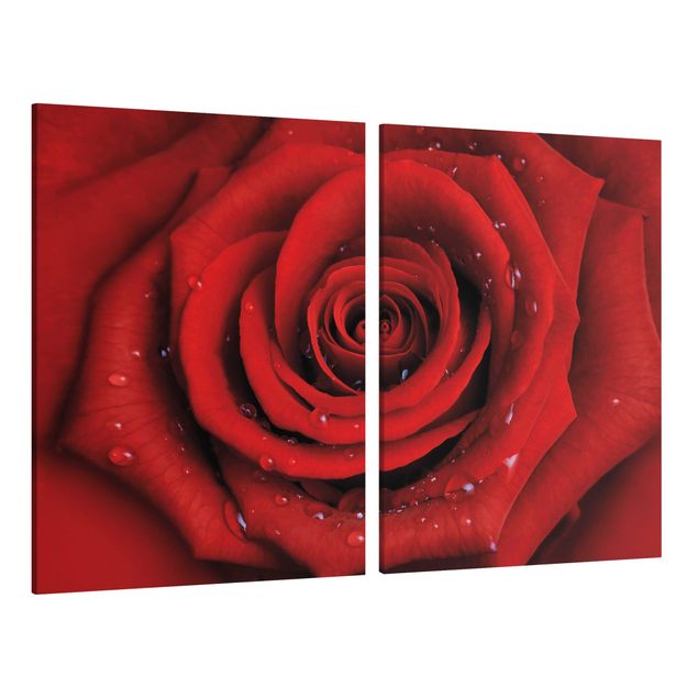 Moderne Leinwandbilder Wohnzimmer Rote Rose mit Wassertropfen