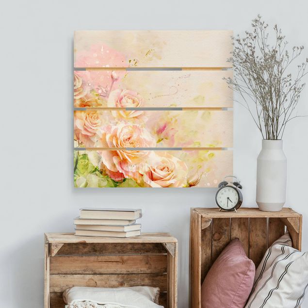 Holzbilder mit Blumen Aquarell Rosen Komposition