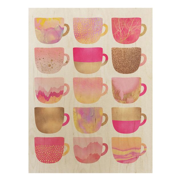 Holzbild - Goldene Tassen mit Pink - Hochformat 4:3