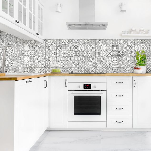 Küchenrückwand Fliesenoptik Musterfliesen Grau Weiß