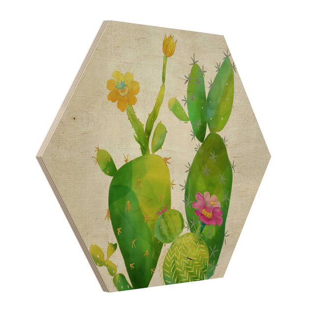 Hexagon Bild Holz - Kaktusfamilie rosa gelb