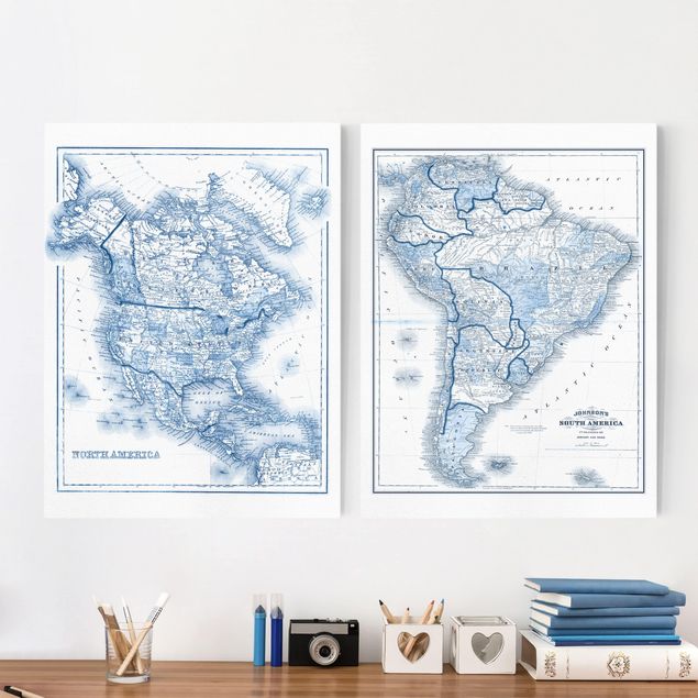Wandbilder XXL Karten in Blautönen Nord- und Südamerika Set I