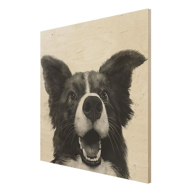 Holzbild - Illustration Hund Border Collie Schwarz Weiß Malerei - Quadrat 1:1