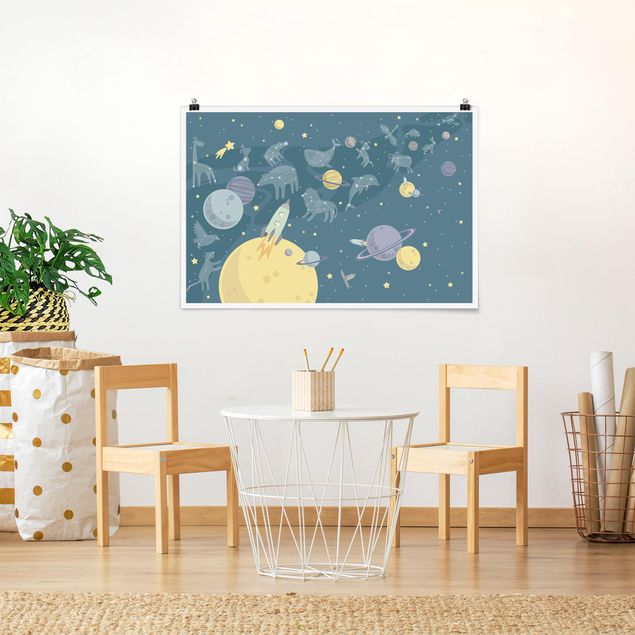 Poster Illustration Planeten mit Sternzeichen und Raketen