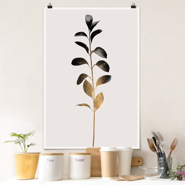 Poster Kunstdruck Grafische Pflanzenwelt - Gold und Grau