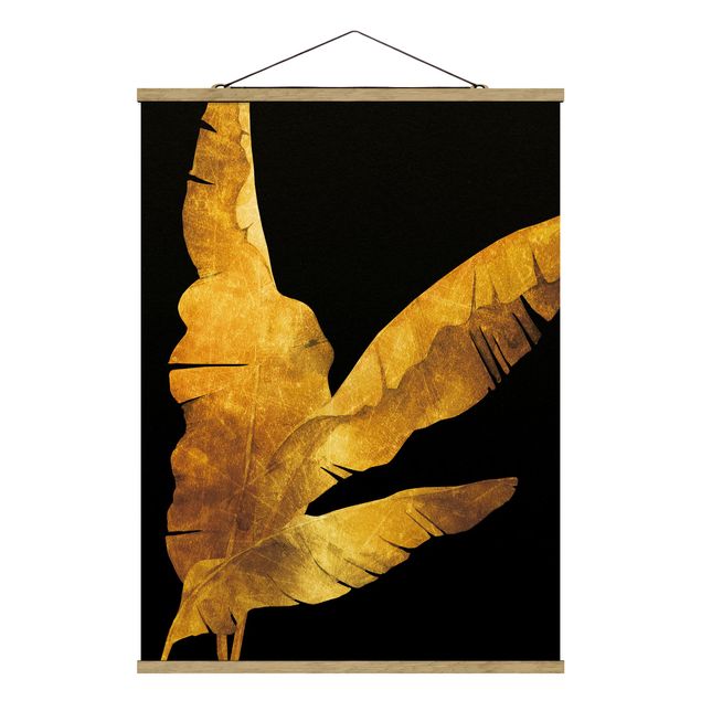 Stoffbild mit Posterleisten - Gold - Bananenpalme auf Schwarz - Hochformat 3:4