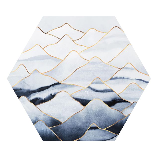 Hexagon Bild Forex - Aquarell Berge Weiß Gold