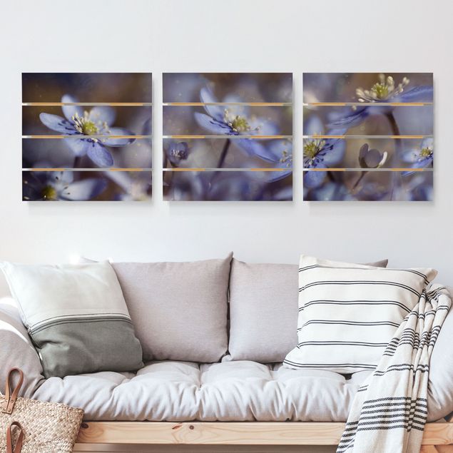 Holzbilder mit Blumen Anemonen in Blau