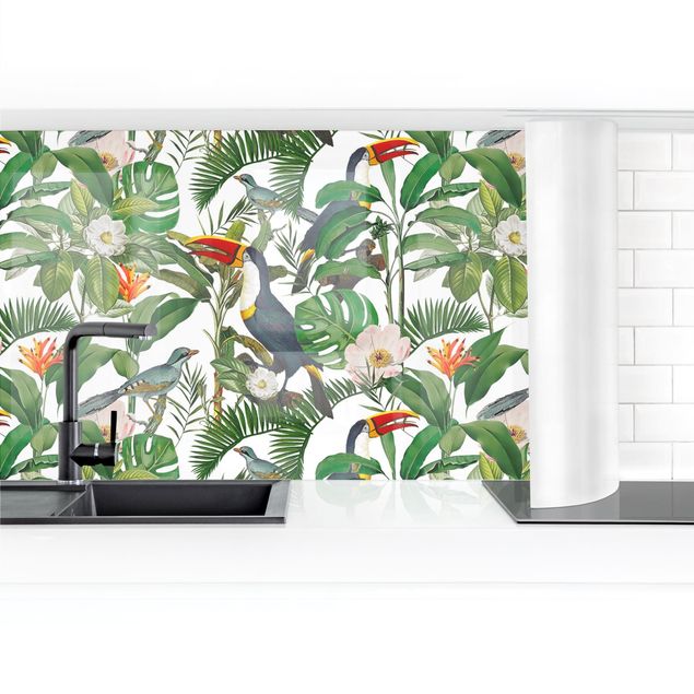 Küchenrückwand Glas Motiv Blumen Tropischer Tukan mit Monstera und Palmenblättern II