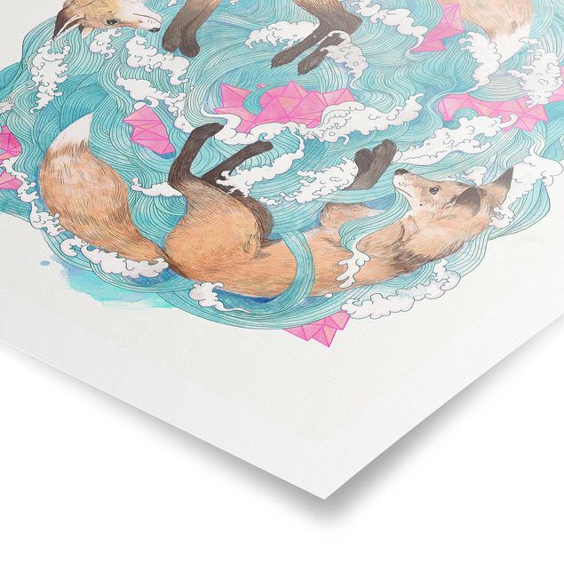 Poster - Illustration Füchse und Wellen Malerei - Quadrat 1:1