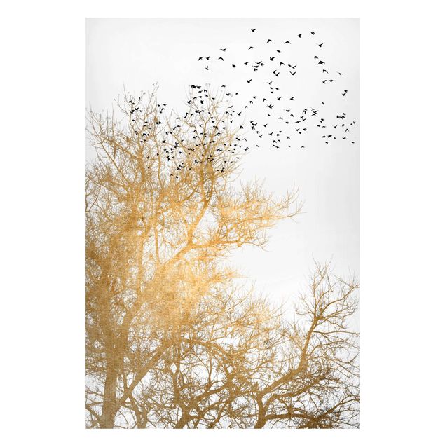 Magnettafel Büro Vogelschwarm vor goldenem Baum