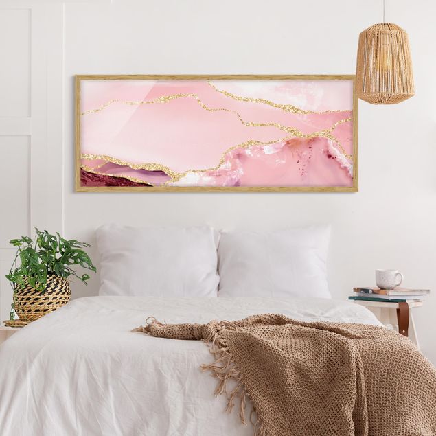 Schöne Wandbilder Abstrakte Berge Rosa mit Goldenen Linien
