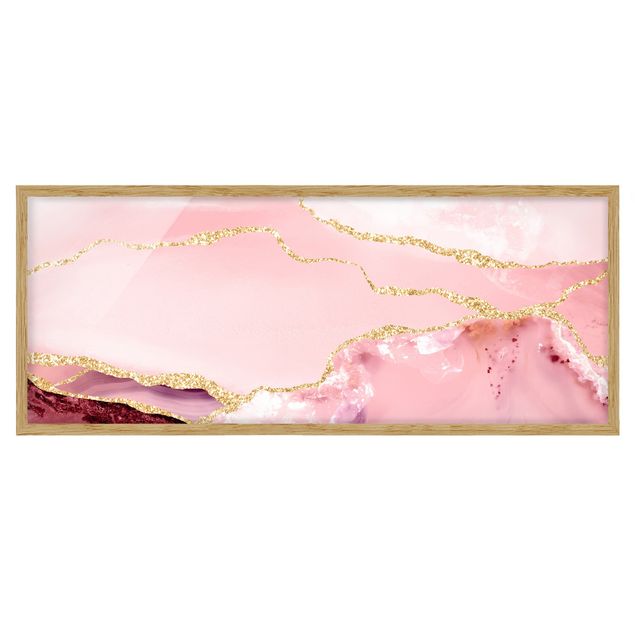 Gerahmte Bilder Abstrakte Berge Rosa mit Goldenen Linien
