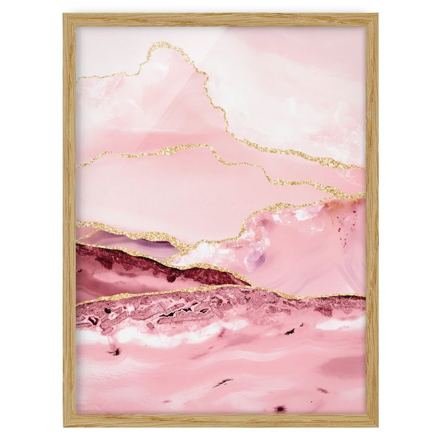 Bilder mit Rahmen Abstrakte Berge Rosa mit Goldenen Linien