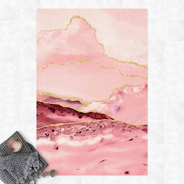 Teppiche Abstrakte Berge Rosa mit Goldenen Linien