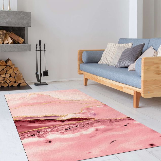 Moderner Teppich Abstrakte Berge Rosa mit Goldenen Linien