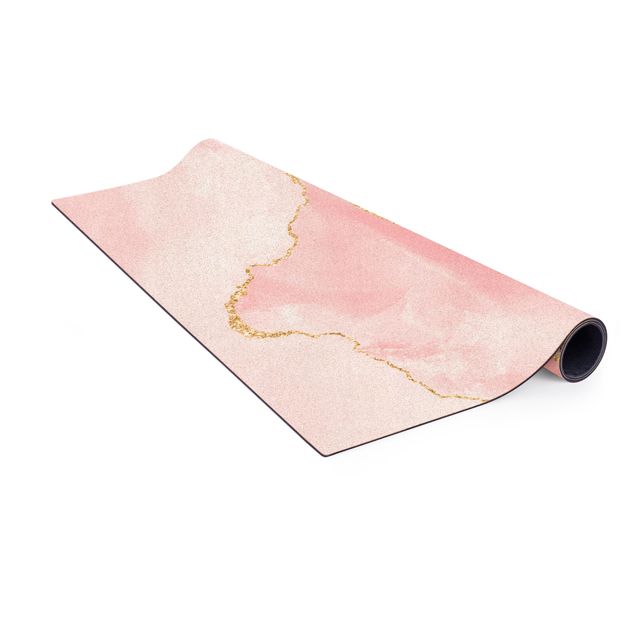 Teppich Steinoptik Abstrakte Berge Rosa mit Goldenen Linien