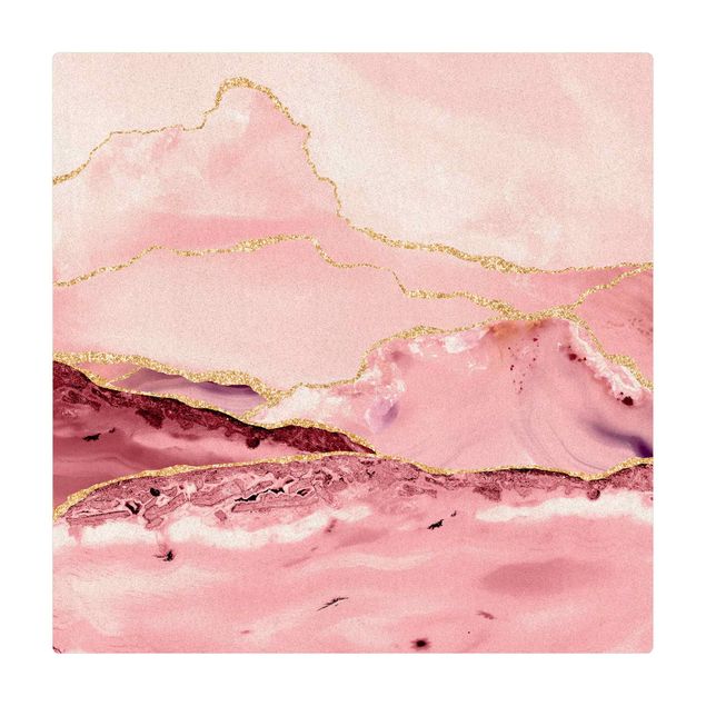 Teppich Esszimmer Abstrakte Berge Rosa mit Goldenen Linien