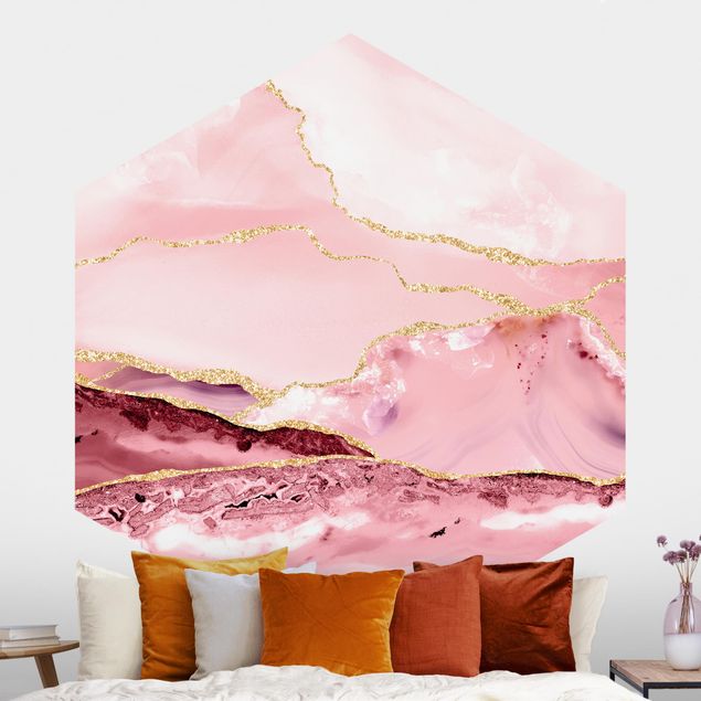 Tapete Marmoroptik Abstrakte Berge Rosa mit Goldenen Linien