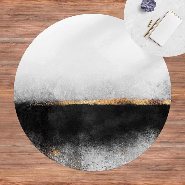 Runder Vinyl-Teppich - Abstrakter Goldener Horizont Schwarz Weiß