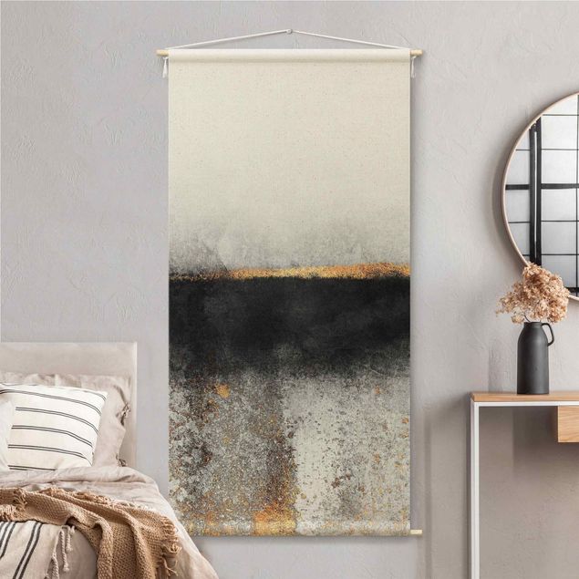 Moderne Wandteppiche Abstrakter Goldener Horizont Schwarz Weiß