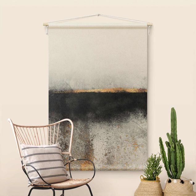 Wandteppich modern Abstrakter Goldener Horizont Schwarz Weiß