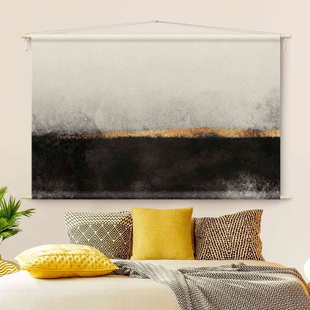 Wandteppich modern Abstrakter Goldener Horizont Schwarz Weiß