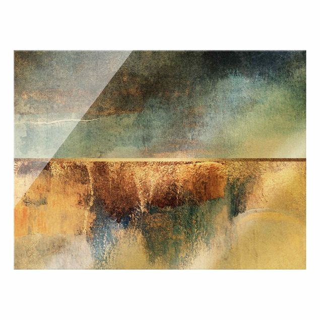 Glasbilder Abstrakt Abstraktes Seeufer in Gold