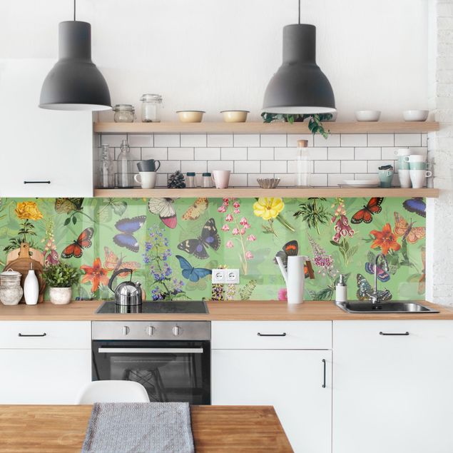 Küchenrückwand Muster Schmetterlinge mit Blumen auf Grün