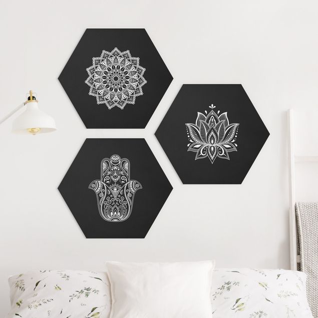 Bilder für die Wand Mandala Hamsa Hand Lotus Set auf Schwarz