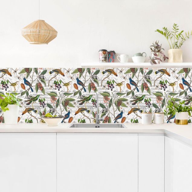 Küchenrückwand Glas Motiv Blumen Nostalgischer Beerenblues mit Paradiesvögeln