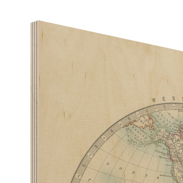Holzbild - Vintage Weltkarte Die zwei Hemispheren - Querformat 2:3