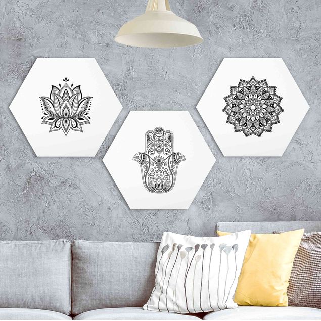 Bilder auf Hartschaumplatte Mandala Hamsa Hand Lotus Set auf Weiß