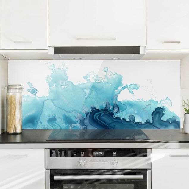 Spritzschutz Glas magnetisch Welle Aquarell Blau I