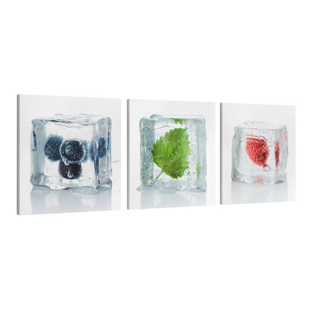 Leinwandbild 3-teilig - Früchte und Melisse im Eiswürfel - Quadrate 1:1