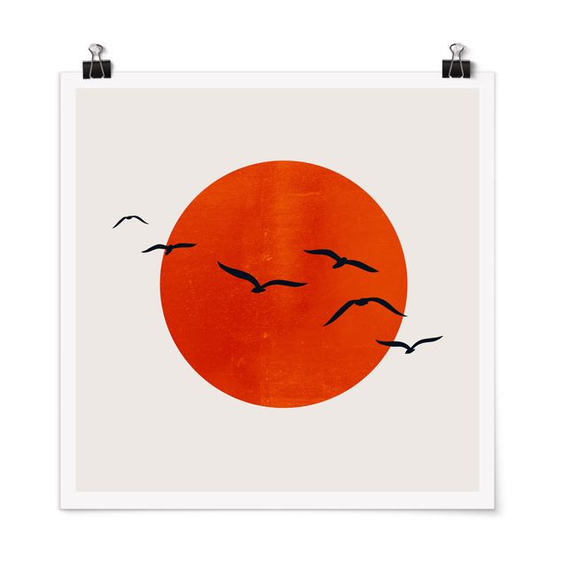 Poster Tiere Vogelschwarm vor roter Sonne I