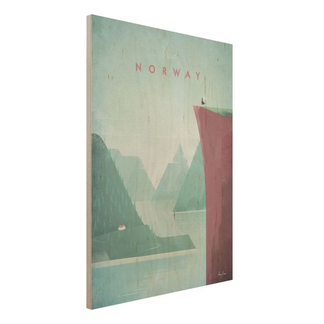 Wandbild Holz Vintage Reiseposter - Norwegen