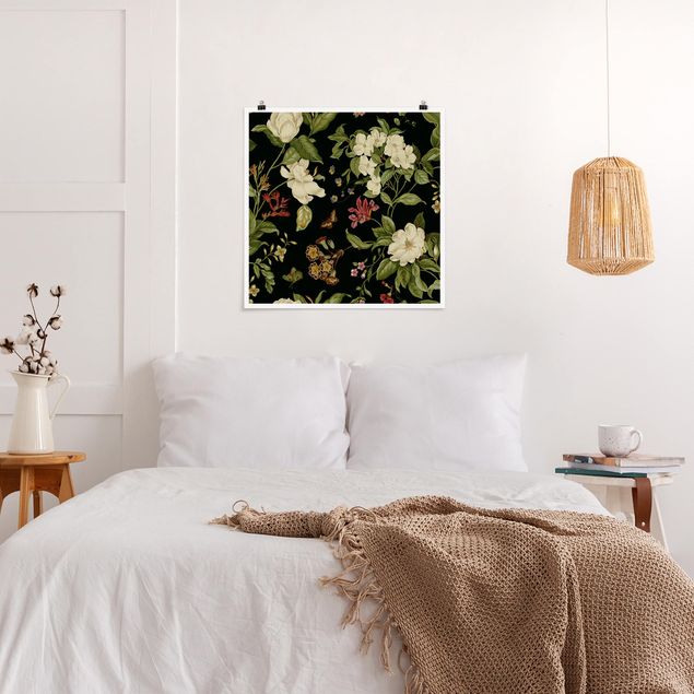 Poster - Gartenblumen auf Schwarz II - Quadrat 1:1
