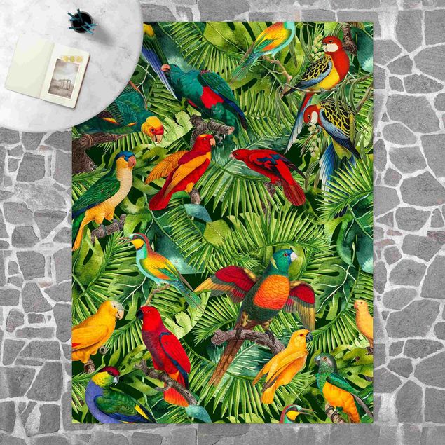 Outdoor Teppich Bunte Collage - Papageien im Dschungel