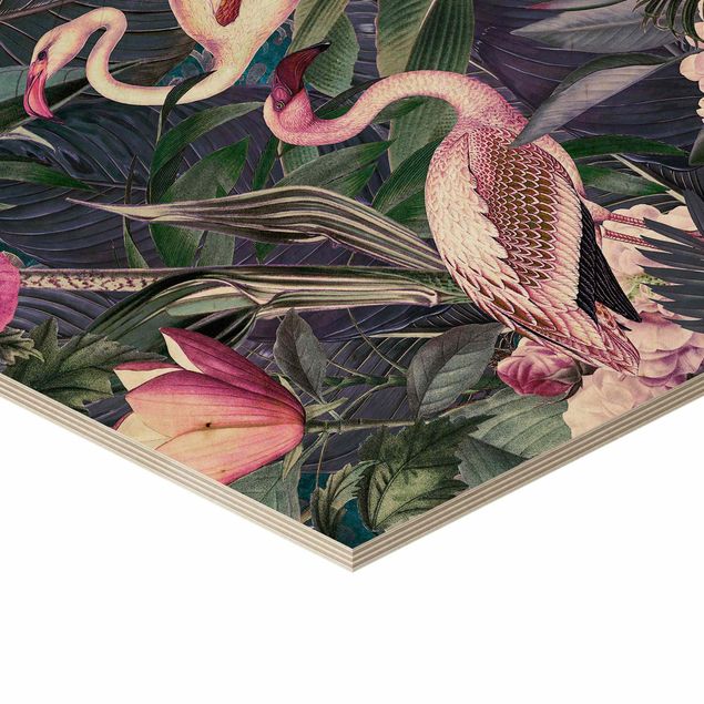 Hexagon Bild Holz - Bunte Collage - Pinke Flamingos im Dschungel