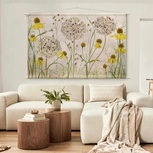 Vintage Wandteppich Allium und Helenium Illustration